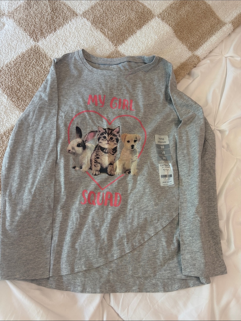 Carter's Gray Long Sleeve Tee with Pink Heart and Animal Graphics size 14 nwt